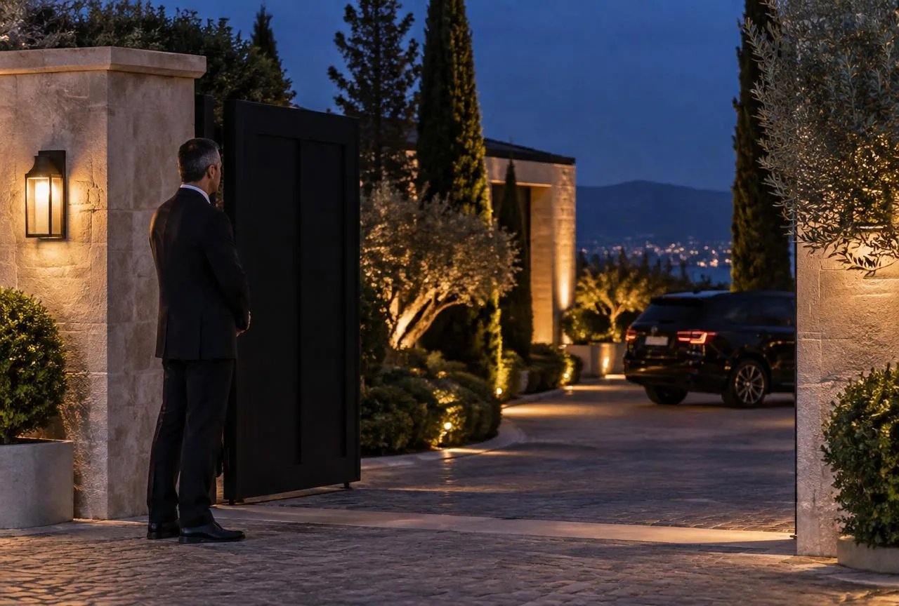 Discreet professional presence at a private property entrance
